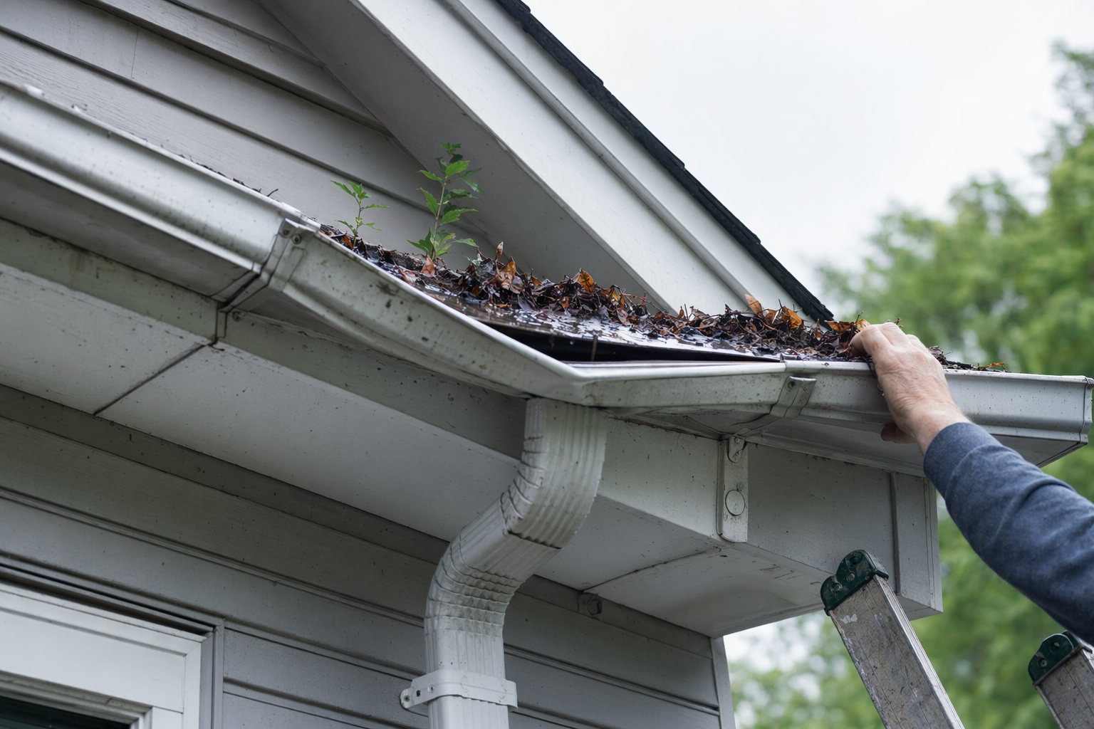 Plants or weeds growing in the gutters