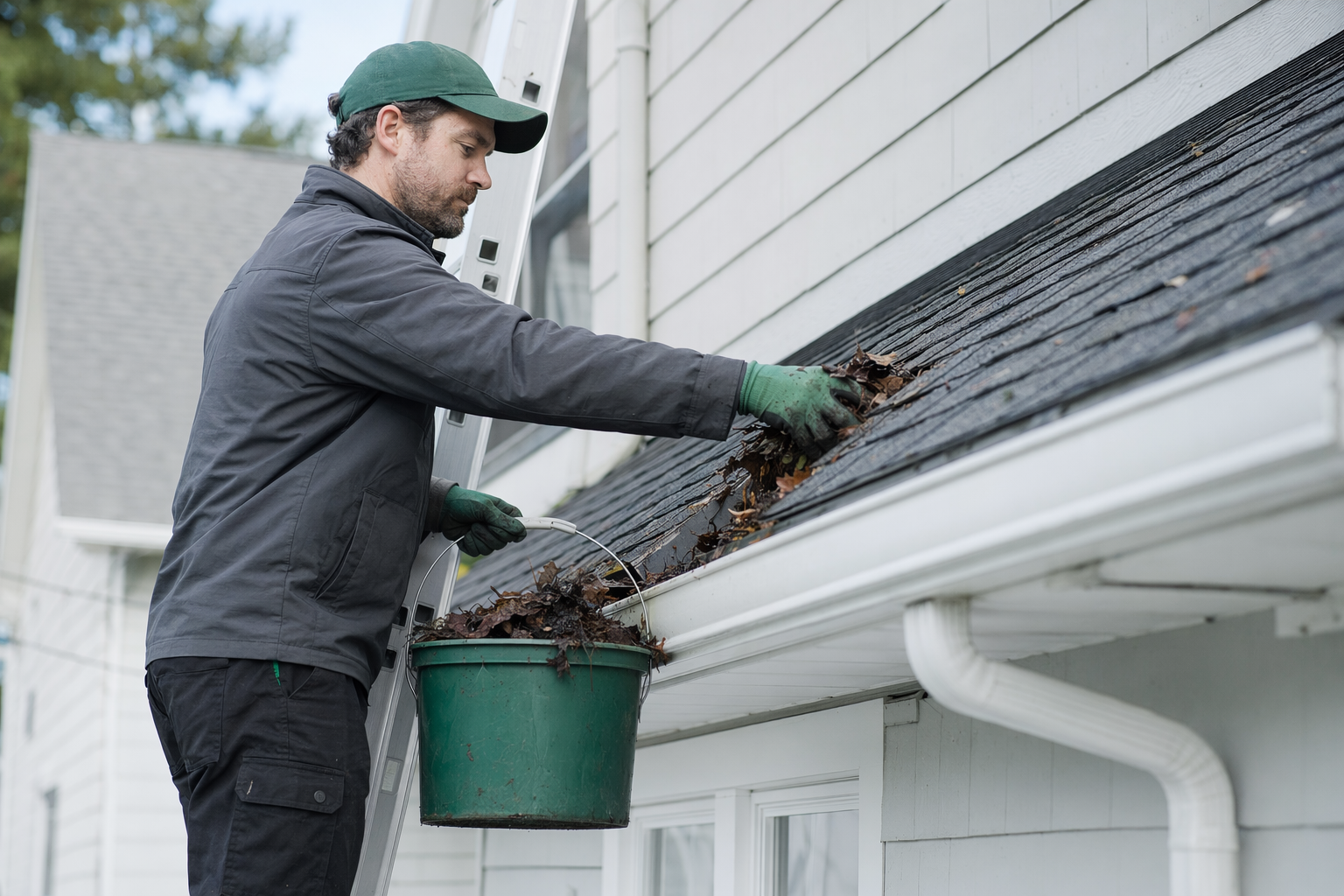 A tidy home with clean gutters and a copper downspout drawing rain away from the foundation